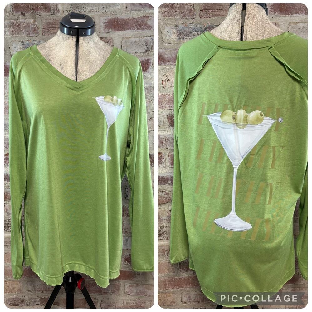 Dirty Martini Long Sleeve Green V Neck Top